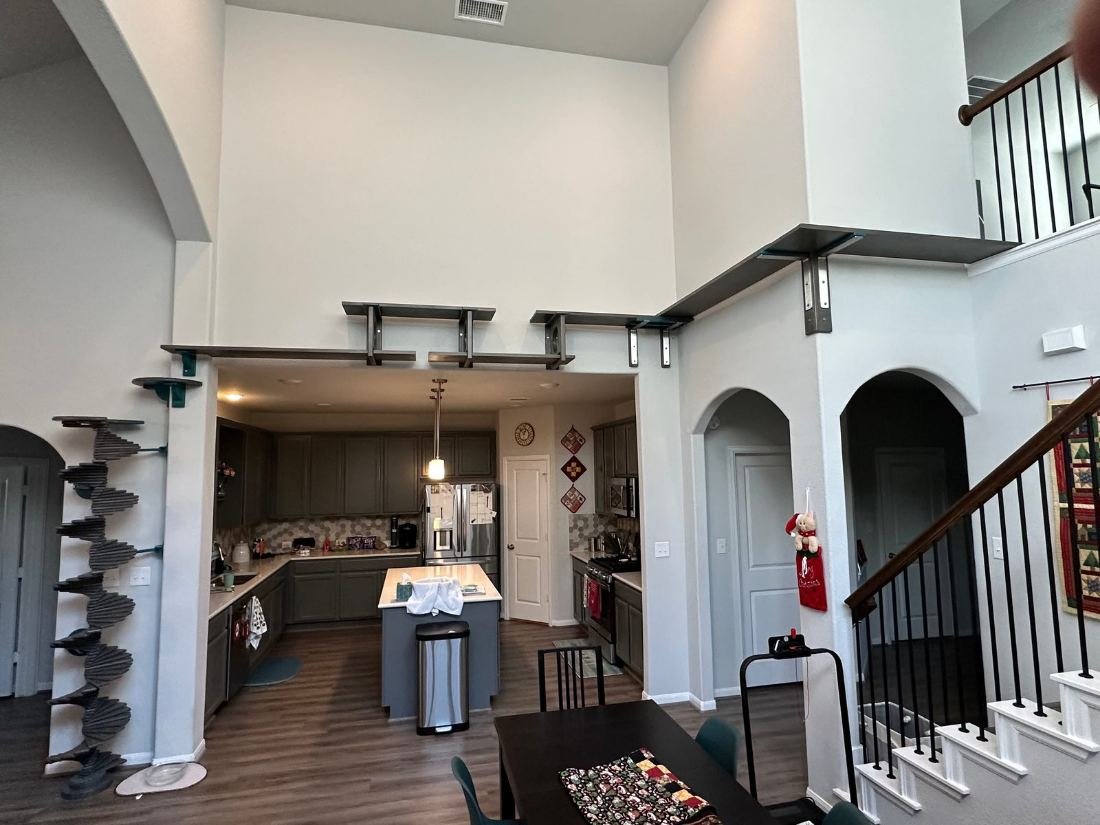 Finished indoor catification in a two-storey living space: ceiling-height shelf runs over the kitchen opening and a spiral staircase climb up the near wall