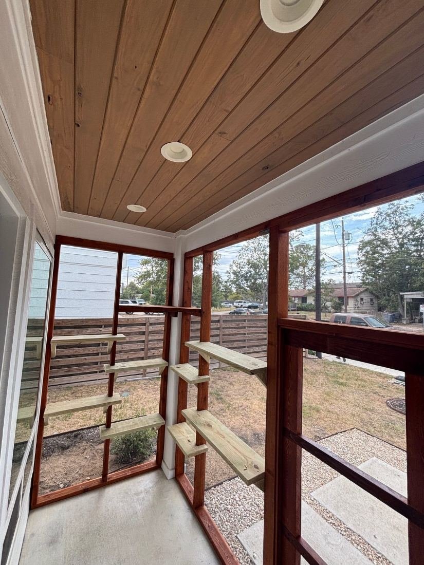 Corner of a finished porch catio with cedar-framed screen panels and pine climbing shelves