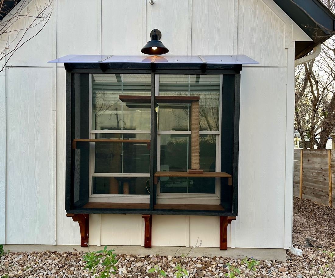Custom cat window enclosure projecting from a white board-and-batten wall on stained cedar corbels, black frame, cedar shelves and a sisal post inside, polycarbonate roof above