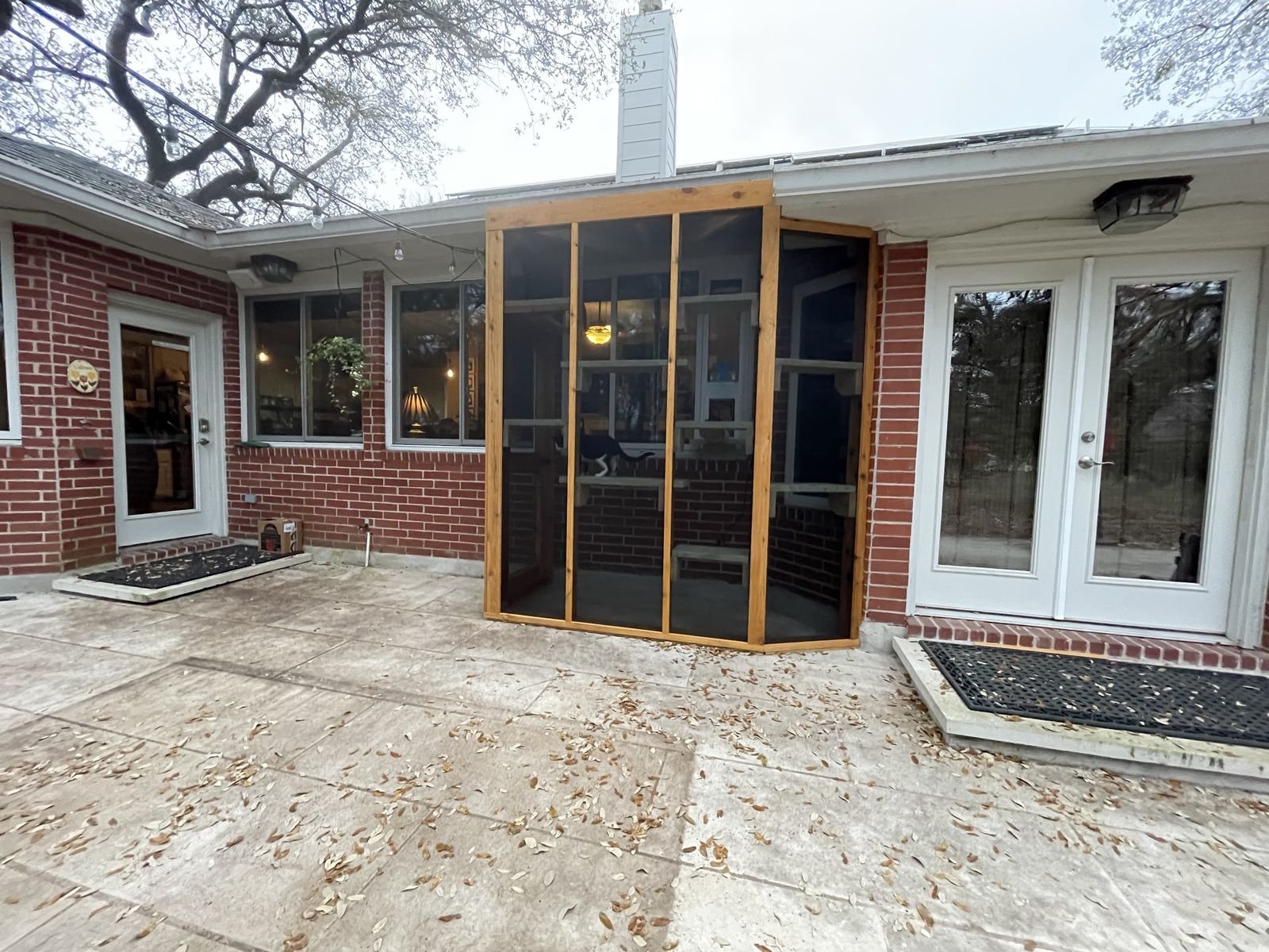 A cedar-framed screened catio tucked into the corner of a red brick patio, a cat on a shelf inside