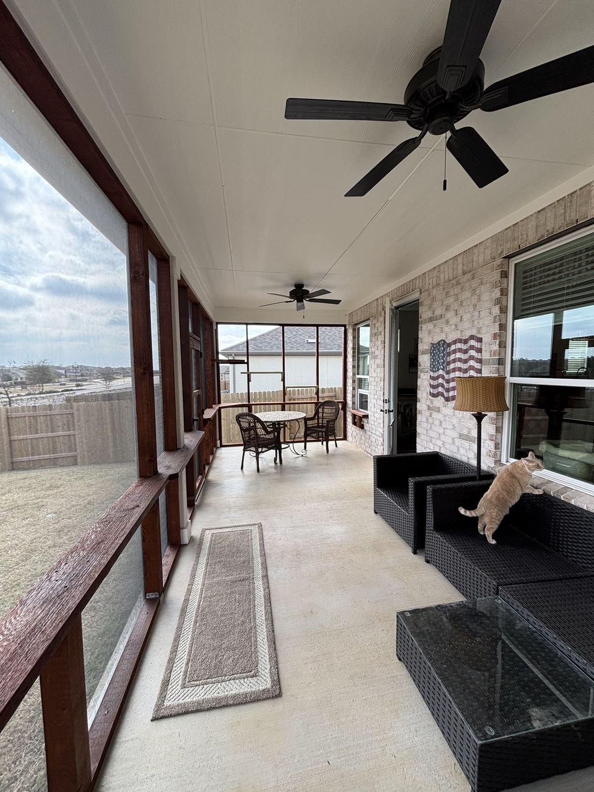 Inside a long screened porch catio with cedar shelving, ceiling fans, and a ginger cat climbing onto the seating